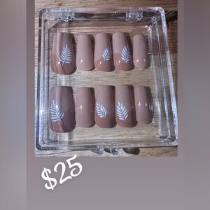 Brown Press-On Nails with White Leaf Design